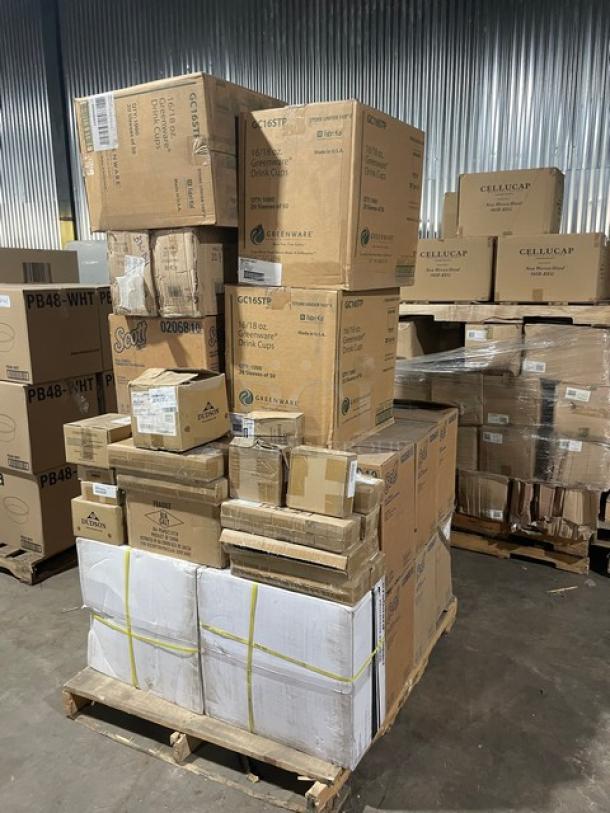 Mixed pallet with Scott paper towels (Model: 02068-10), Greenware cups (Model: GC16STP), C.A.C. China platters (Model: RCN-99), F.O.H holders (Model: DMU020BKS22), and more. Brand new condition.