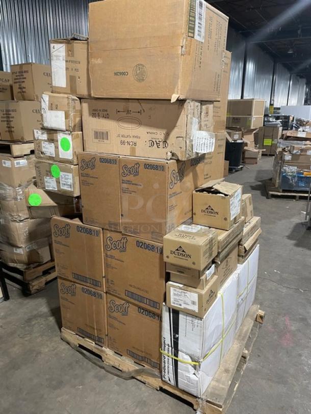 Mixed pallet with Scott paper towels, Pro Guard eyewear, Greenware cups, 23" CAC platter, FOH holder, various commercial items.