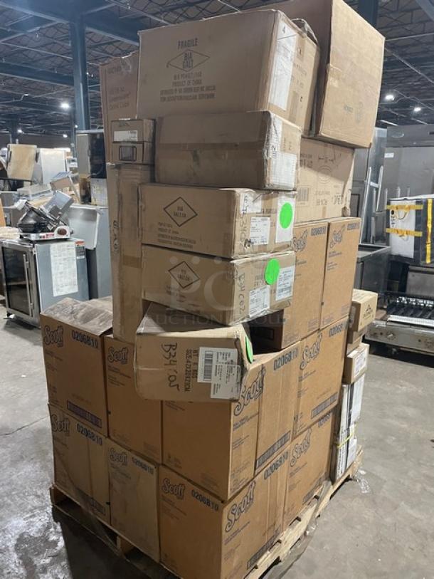 Mixed pallet with Scott paper towels, Pro Guard eyewear, Greenware drink cups, C.A.C. platter, and F.O.H holder, all brand new.