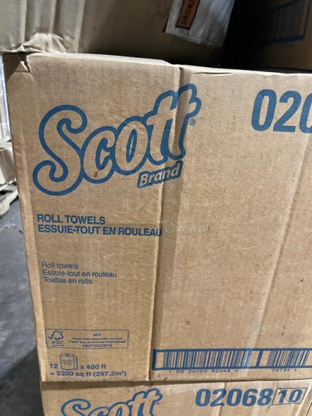 Mixed pallet of commercial items, including Scott paper roll towels (Model: 02068-10), Pro Guard eyewear, Greenware cups, C.A.C. China platter, and F.O.H holder.