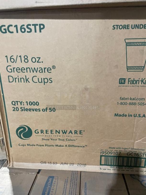 Cardboard box of 1,000 Greenware 16/18 oz. drink cups, Model GC16STP, eco-friendly, made from plants, new condition.