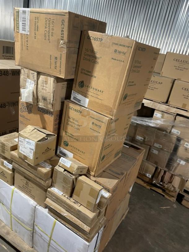 Mixed pallet with Scott paper towels, Pro Guard eyewear, Greenware drink cups, and more. Brand new condition, various models.