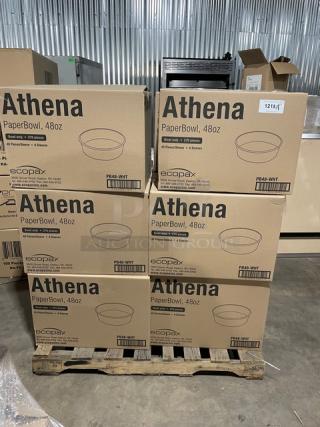Pallet of EcoPax Athena Series 48 oz paper bowls, model PB48-WHT. Each box contains 270 bowls. Brand new, sealed cases.