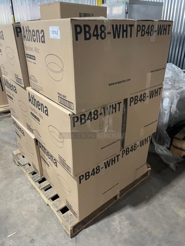 Full pallet of EcoPax Athena Series 48 oz. round paper bowls, model PB48-WHT, sealed in boxes, 270 per case.