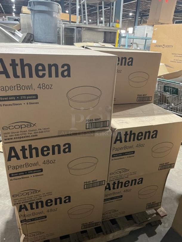 Brand new EcoPax Athena Series 48 oz. paper bowls, model PB48-WHT, on a full pallet. 270 per case.