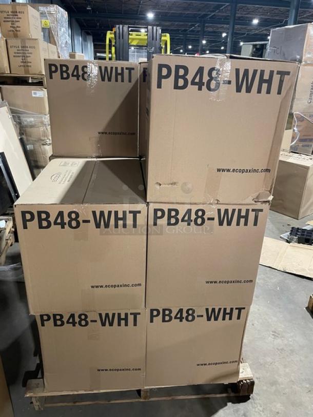 Full pallet of EcoPax Athena Series 48 Oz. white paper bowls, model PB48WHT, brand new, 270 per case, visible packaging labels.