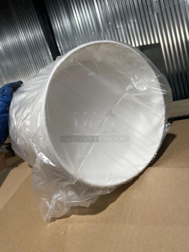 Brand new EcoPax Athena Series 48 oz. round paper bowls, model PB48WHT, wrapped in plastic, 270 per case, on pallet.
