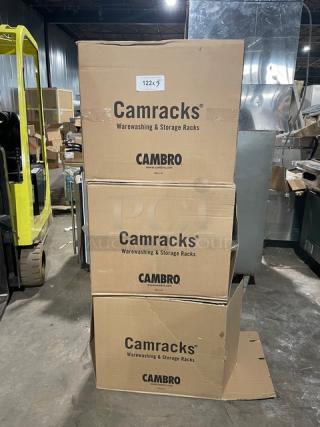 BRAND NEW Cambro Camracks OETR314151 Tray Racks, gray, open-end, 6 per case, boxes stacked, labeled for warewashing use.
