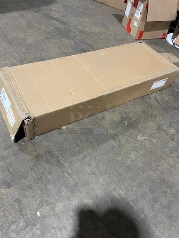Brand new Eagle Group 48" x 18" chrome shelving in box, model 3TF1848C, 4 units per case. Packaging shows minor damage.