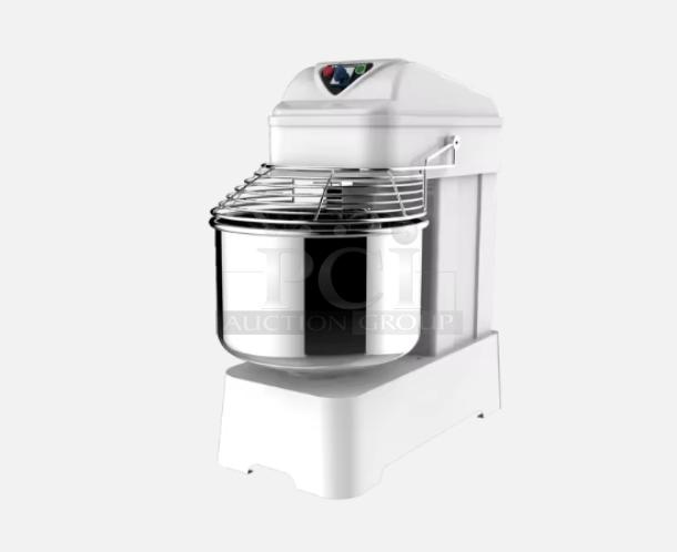 Brand new commercial dough mixer YQ-S30 with stainless steel bowl and guard, 220V, in shipping crate.