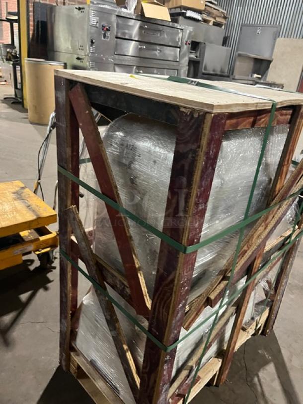 Brand new commercial dough mixer, Model YQS30, in shipping crate with stainless steel bowl guard and mixing bowl. 220V.
