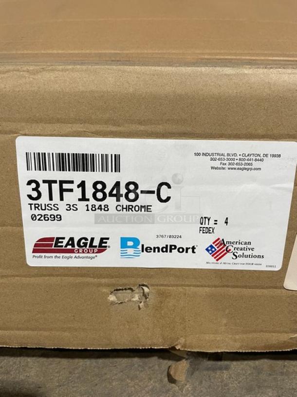 Brand new Eagle Group 48"x18" chrome-plated wire shelving, 4 per case. Model 3TF1848-C, in original packaging.