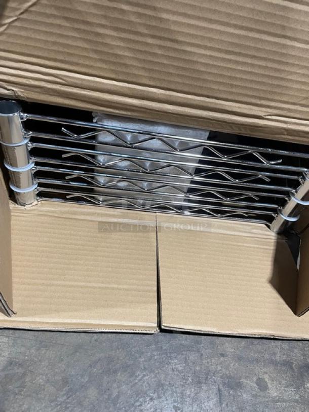 Brand new Eagle Group chrome-plated 48"x18" wire shelving, model 3TF1848C, shown in original packaging. Four units per case.