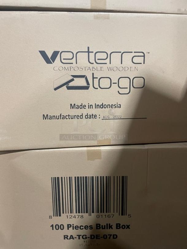Verterra To-Go Tray, Model RA-TG-DE-07D, 100 per case. Balsa wood/rice paper finish, compostable, made in Indonesia, Aug 2022.
