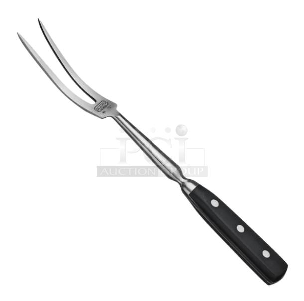 Brand new Winco Acero 12" cook's fork, stainless steel, model KFP121, with black grip handle.
