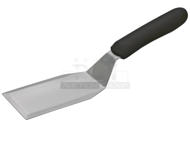 Brand new Winco Winware Series commercial stainless steel hamburger turner, model TKP-61, with black grip handle.