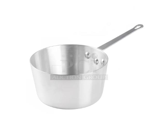 Brand new Winco Winware Series 1-1/2 Qt. Aluminum Sauce Pot, Model ASP-1, with riveted handle, commercial-grade quality.