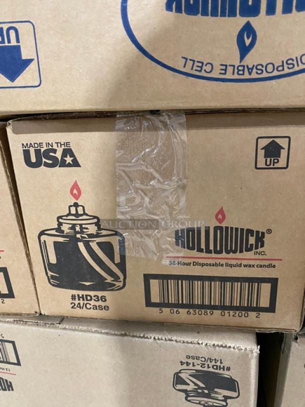 Stacked boxes containing Hollowick 36-hour disposable liquid wax candles. Labels show model #HD36, 24 per case, made in the USA.
