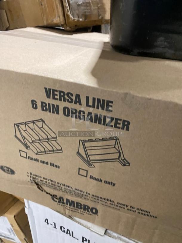 Cambro Versa Line 6 Bin Organizer in cardboard packaging, featuring space-saving and easy assembly instructions.