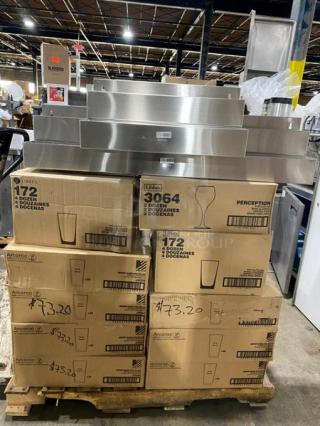 Mixed pallet of brand new Arcoroc and Libbey commercial glassware with Winco and Hollowick items, boxed and stacked, model numbers visible.