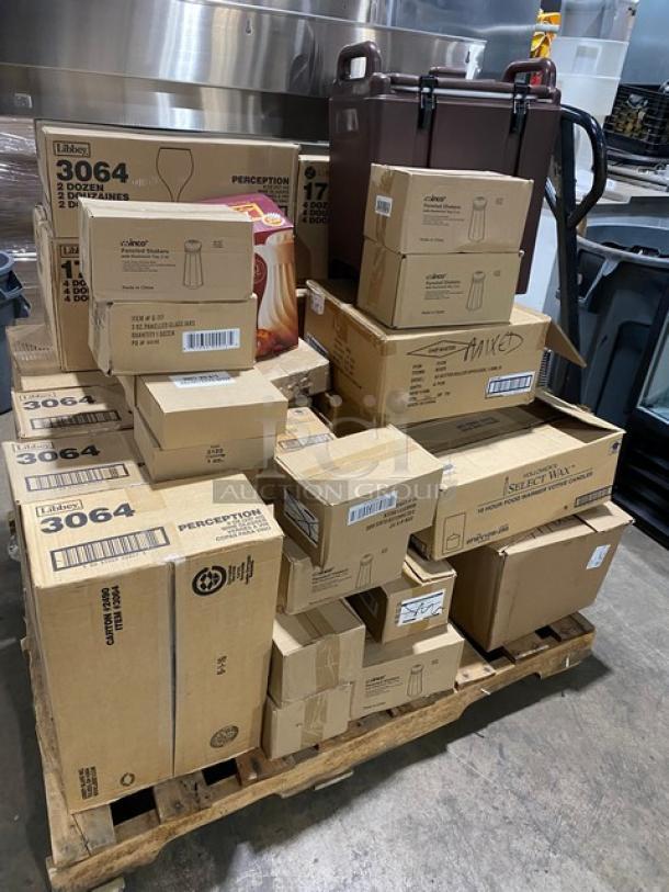Mixed pallet of Arcoroc 14 oz. rim-tempered glasses, Libbey hi-ball and wine glasses, Winco shakers, Hollowick candles. Brand new.