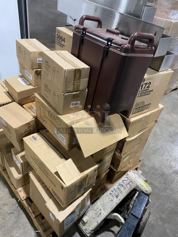 Mixed pallet with Arcoroc rim-tempered glasses, Libbey Hi-Ball and wine glasses, Winco shakers, candles, speed rails in cases.