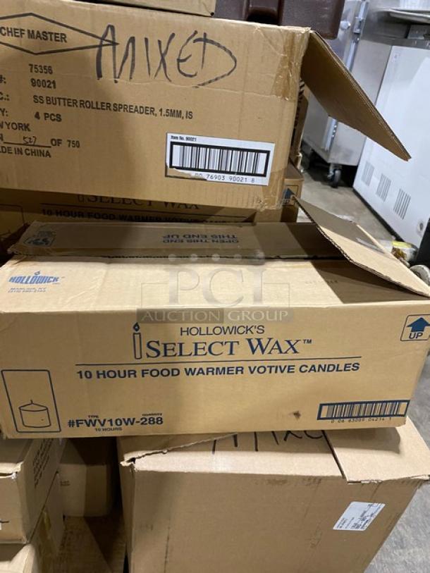 Mixed pallet of commercial glassware and supplies, including Arcoroc and Libbey glasses, Winco shakers, and Hollowick candles.