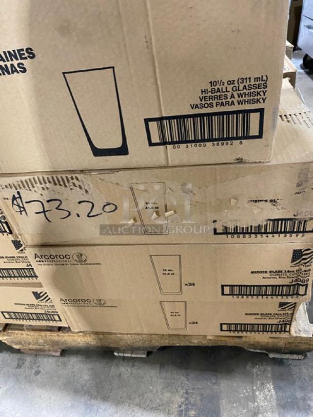 Brand new mixed pallet, Arcoroc 14 oz glasses, Libbey 10.5 oz glasses, Winco shakers, wax candles, speed rails, $73.20 marked.