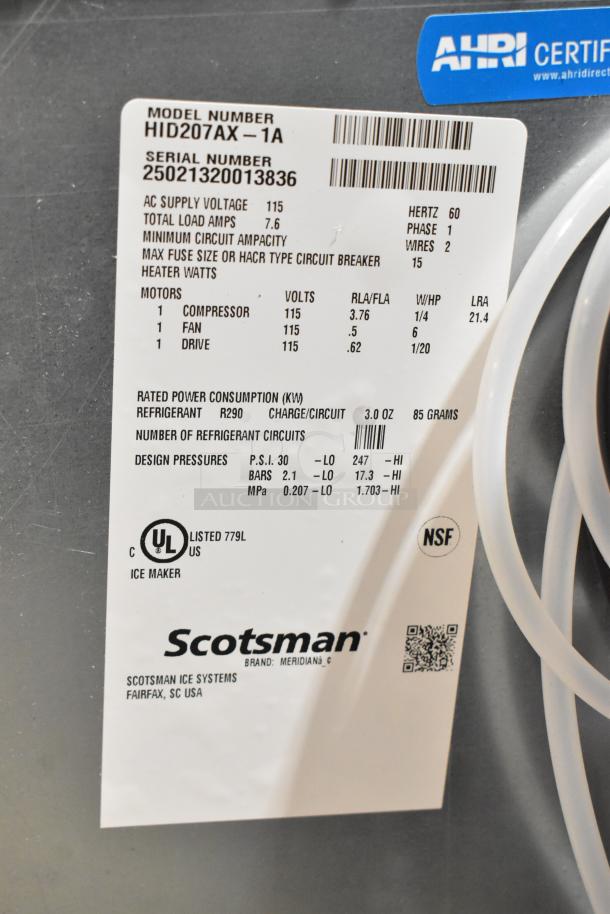 Scotsman HID207AX-1A nugget ice machine label; 115 volts, 1 phase, NSF certified. Touch-free ice and water dispensing.
