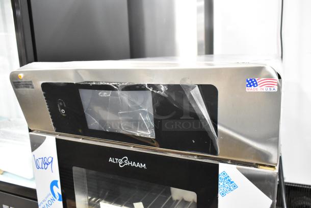 BRAND NEW 2025 Alto Shaam VMC-H3H stainless steel commercial oven, visible protective film, "Made in USA" sticker.
