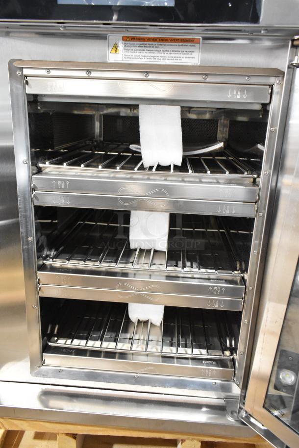 Brand new Alto Shaam VMC-H3H stainless steel commercial oven, multi-cook, 208-240V, 1 phase, with minor scratches.