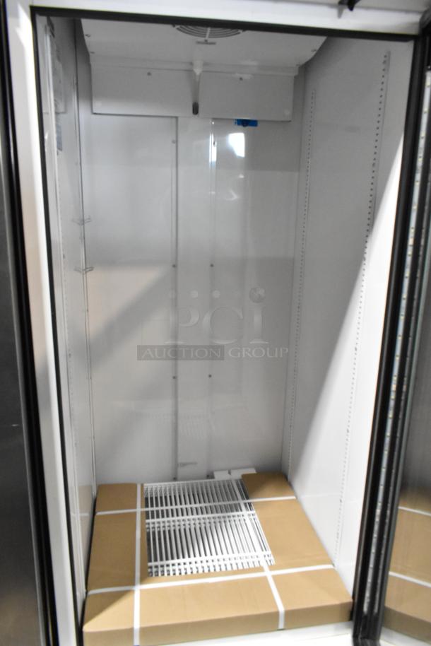 Brand new 2021 True TSCI-600R-G-PH single door cooler merchandiser, metal frame, poly coated racks, 115V, scratch and dent condition.