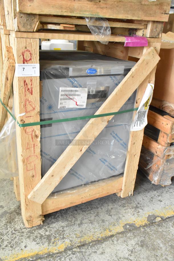Brand new Randell 9404F-290JIBR stainless steel single door undercounter freezer in crate. No casters. 115V, 1 phase.