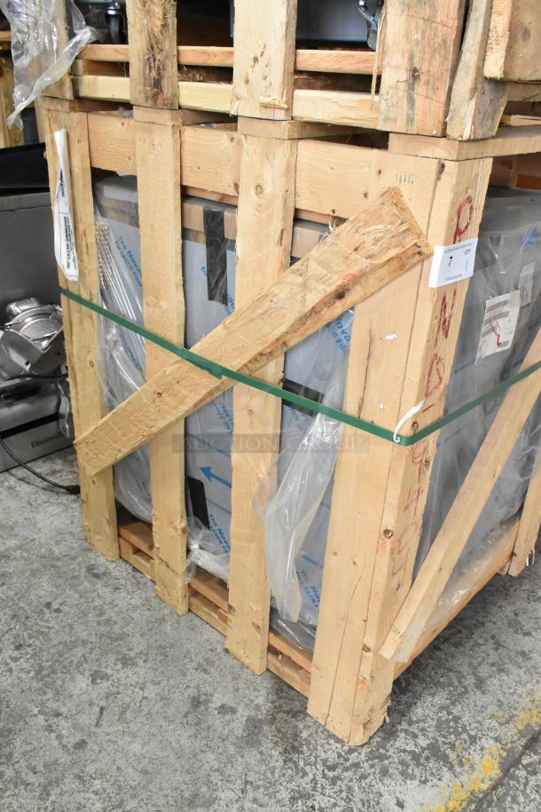 Brand new Randell 9404F-290JIBR undercounter freezer in crate, stainless steel, single door, 115V, no casters included.