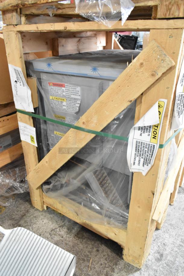 Brand new Randell 9404F-290JIBR stainless steel undercounter freezer in crate, 115V, single door, without casters.
