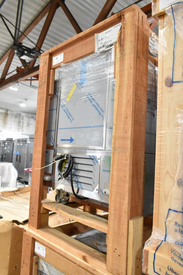 Brand new BKI 52473-1 stainless steel commercial meat freezer in crate, on casters, 115 volts, 1 phase, 2022 model.
