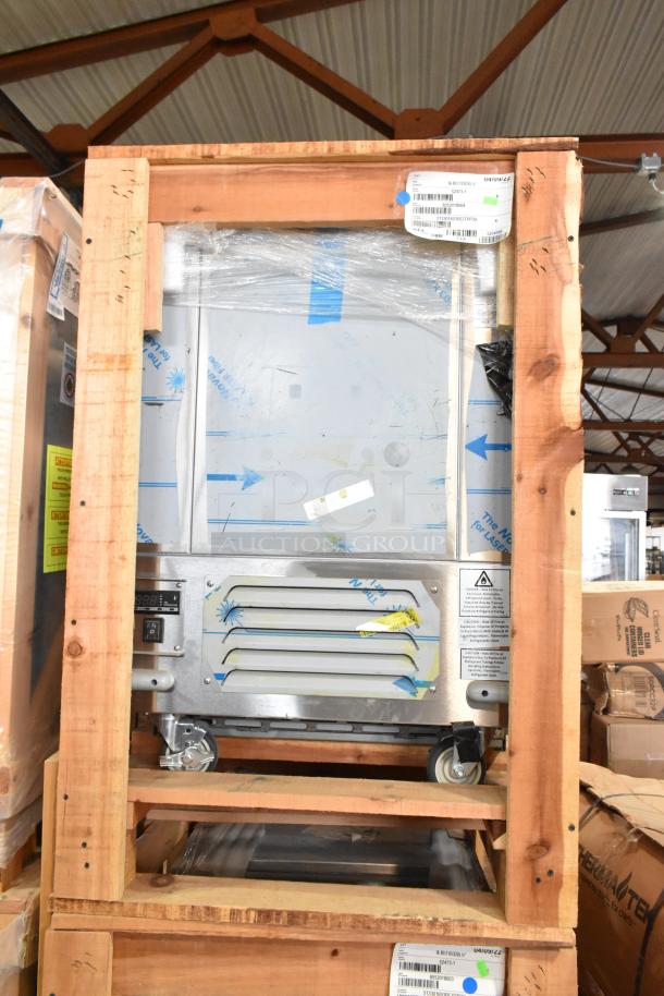 BKI 52473-1 stainless steel meat freezer in crate, brand new, on commercial casters, 115V, 1 phase.