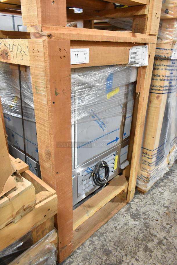 Brand new 2022 BKI 52473-1 stainless steel meat freezer in crate. Features commercial casters, 115 volts, 1 phase.