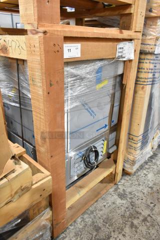 Brand new 2022 BKI 52473-1 stainless steel meat freezer in crate. Features commercial casters, 115 volts, 1 phase.