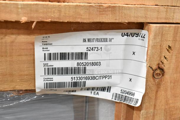 Brand new BKI 52473-1 stainless steel commercial meat freezer in crate. Includes label with model and serial numbers. 115V, 1 phase.