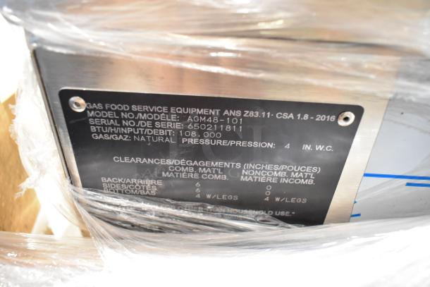 Brand new Wolf AGM48-101 stainless steel griddle tag, 108,000 BTU, natural gas, in crate, serial 650211811.