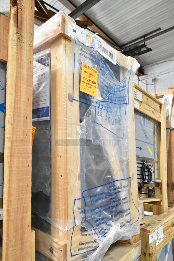 BRAND NEW Infrico ERV25-GD Metal Commercial 2-Door Cooler Merchandiser in crate, 115V, 1 Phase, tags visible.