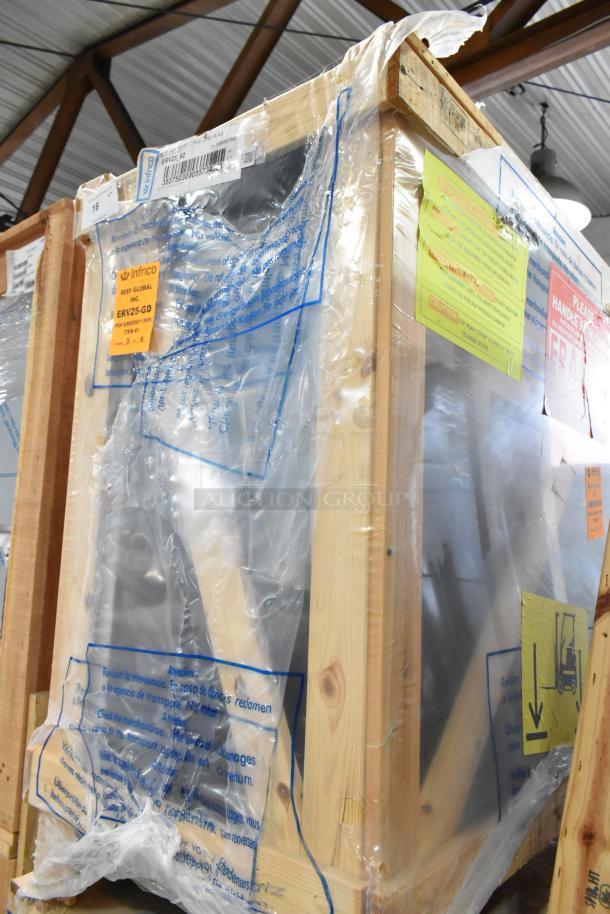 Brand new Infrico ERV25-GD 2-door cooler merchandiser in crate, 115V, 1 phase, metal body, labeled with model info and handling instructions.