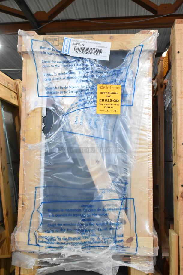 BRAND NEW Infrico ERV25-GD 2 Door Reach In Cooler, in crate. 115 Volts, 1 Phase. Labels indicate model and shipping details.