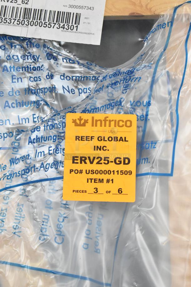 New Infrico ERV25-GD commercial cooler in crate, yellow label shows "REEF GLOBAL INC," PO #US000011509, item 3 of 6.