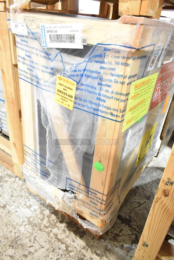 Brand new Infrico ERV25-GD 2-door reach-in cooler in crate, model details on label. 115 Volts, 1 Phase, commercial use.
