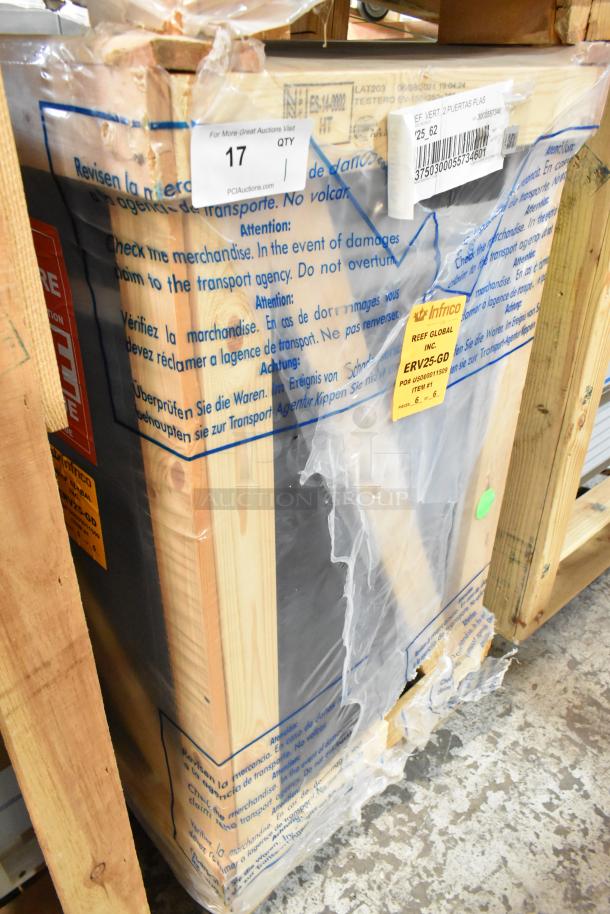 Brand new Infrico ERV25-GD 2-door cooler merchandiser in crate with protective plastic. Model and warning labels visible.