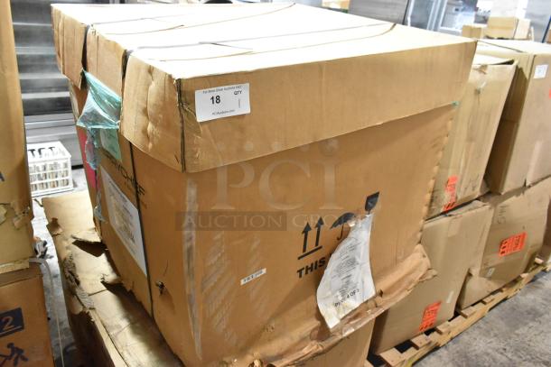 Box containing a brand new Merrychef eikon e4 stainless steel high-speed convection oven. Box is labeled and slightly worn.