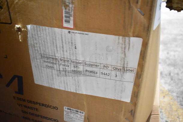 Brand new Practica STI-10101 ventless pizza oven in box. Stainless steel, electric, 208/240V, 1 phase. Label shows model STI-10101.
