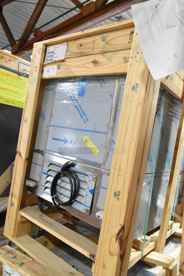 Brand new 2022 Practica STI-10101 stainless steel meat freezer in crate, on casters, 115V, 1 phase, commercial use.
